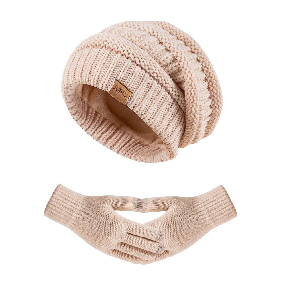 9758 Beanie Hat Gloves Set, Fleece Lined Winter Hat with Touchscreen Gloves
